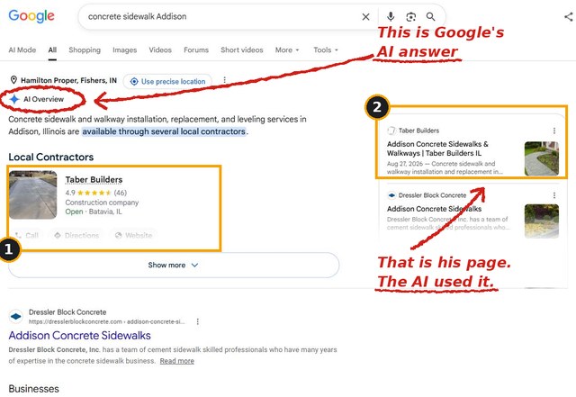 Google results for concrete sidewalk Addison. Taber Builders is the contractor named inside the AI Overview and cited as a source.