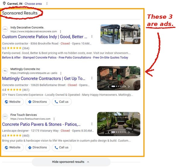 Google results for stamped concrete patio in Carmel Indiana. Three paid Sponsored Results sit above everything, and there is another paid slot inside the map.