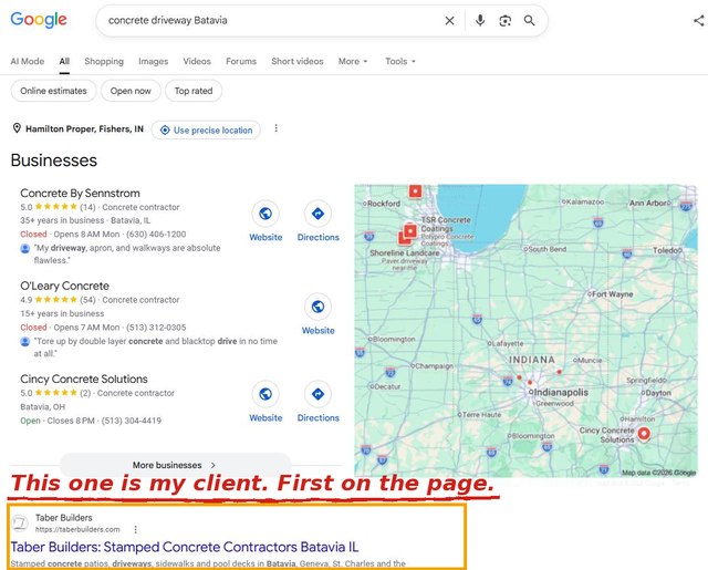Google results for concrete driveway Batavia. Taber Builders is the first website listed on the page.