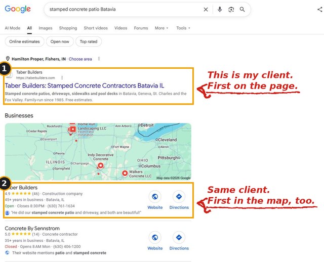 Google results for stamped concrete patio Batavia, searched from Fishers Indiana. Taber Builders is the first listing on the page and also first in the map results.