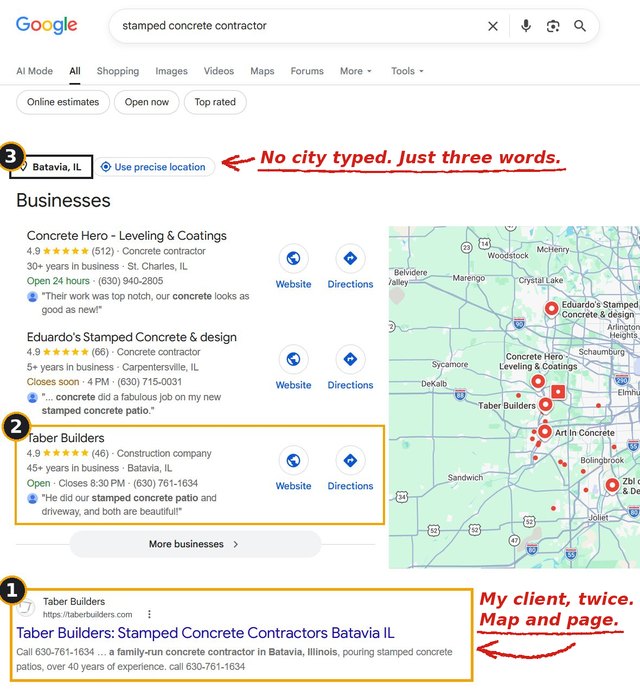 Google search results for stamped concrete contractor, searched from Batavia, Illinois. Taber Builders is the first website listed and also appears in the map results.